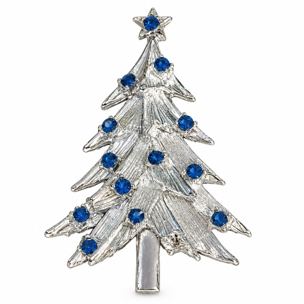 Vintage Silver Tone Christmas Tree Brooch Blue Rhinestone Star Holiday Pin